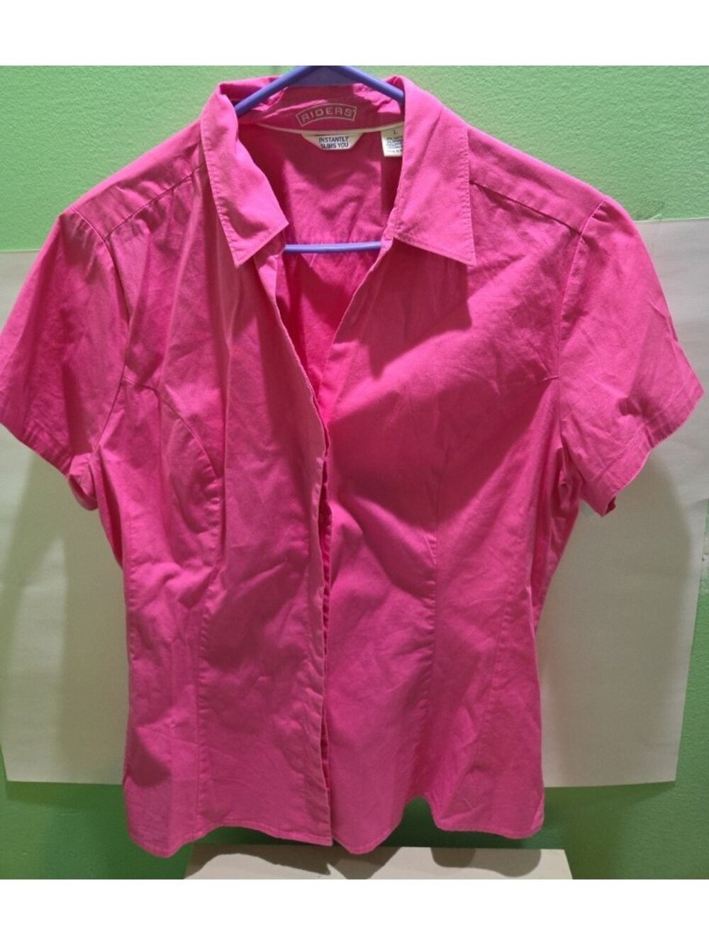 Womens Riders By Lee Instantly Slims You Blouse L Pink Button Up Short Sleeve